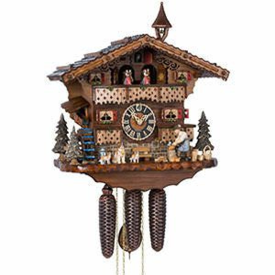 Decorative Clocks * | Frankenmuth Clock Company View All Ku8245M 8 Day Musical Chalet With Wood Chopper & Dogs