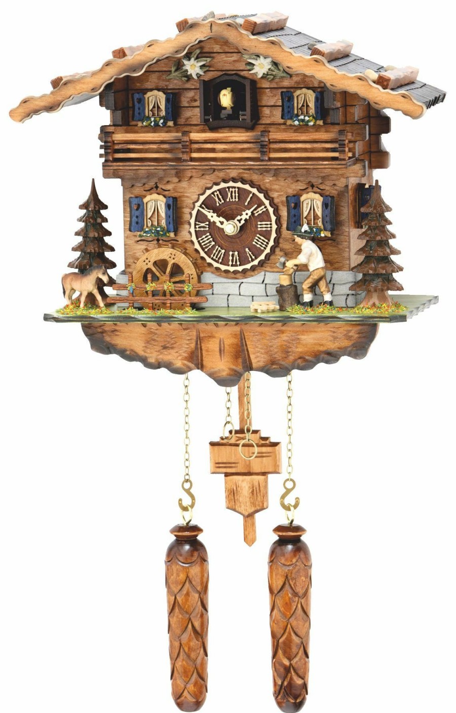 Decorative Clocks * | Frankenmuth Clock Company View All Ku494Qm Quartz Musical Chalet W/ Woodchopper & Waterwheel