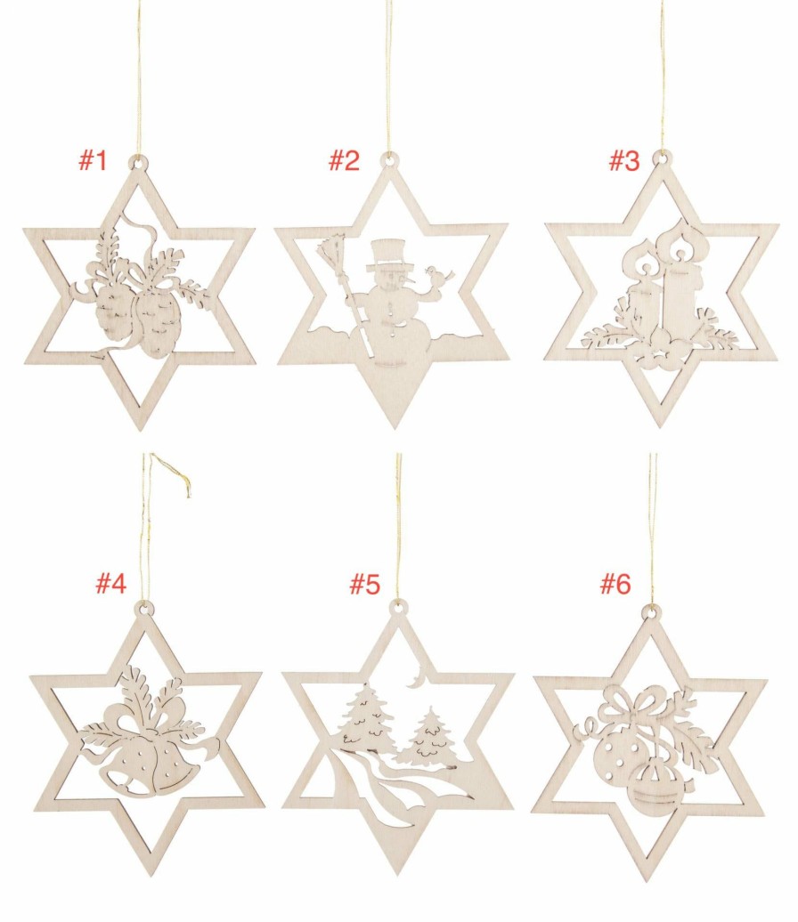 Authentic German Gifts * | Frankenmuth Clock Company 199/374 Wooden Star Ornaments With Christmas Motif