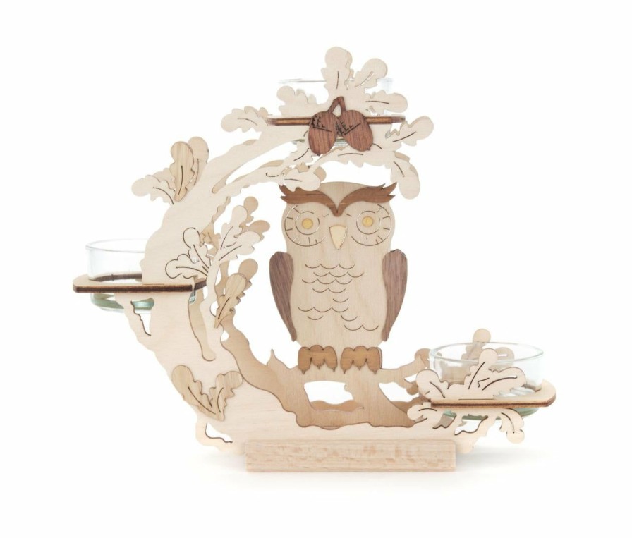 Authentic German Gifts * | Frankenmuth Clock Company German Candle Holders 201/217 Tealight Holder With Owl & Oak Leaves