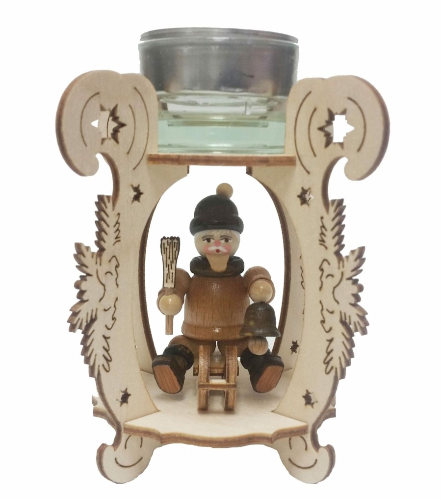 Authentic German Gifts * | Frankenmuth Clock Company Wooden Tea Light Holder W/ Man On Sleigh